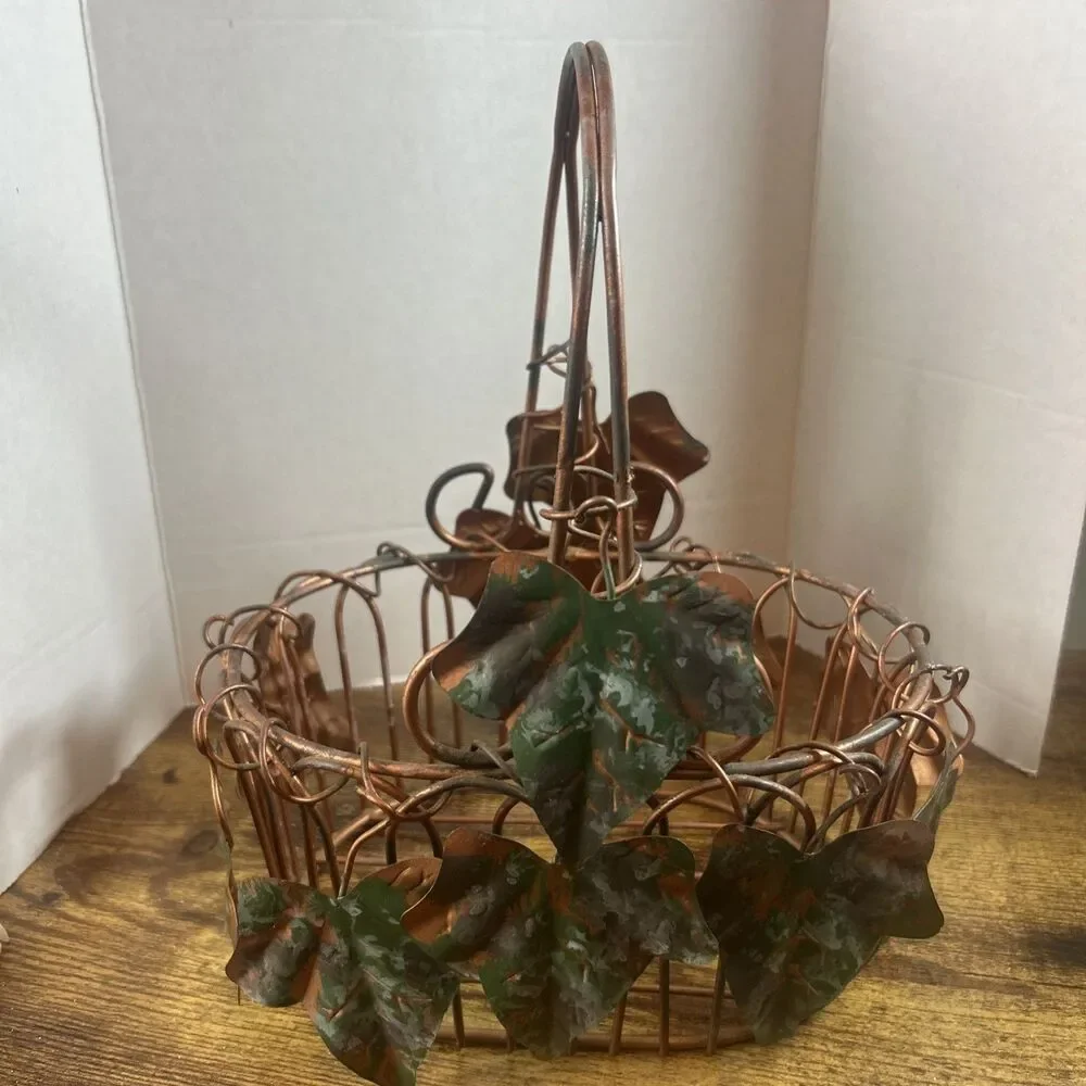 Metal Ivy Decor Oval Basket Copper Tone 10in Tall Rustic Table Organizer Storage